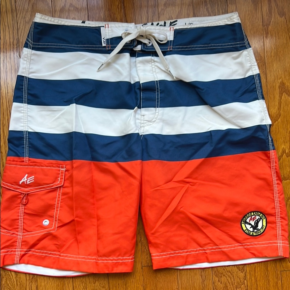 American Eagle Outfitters Men's Striped Swim Shorts - Red, Blue, White, Sz L